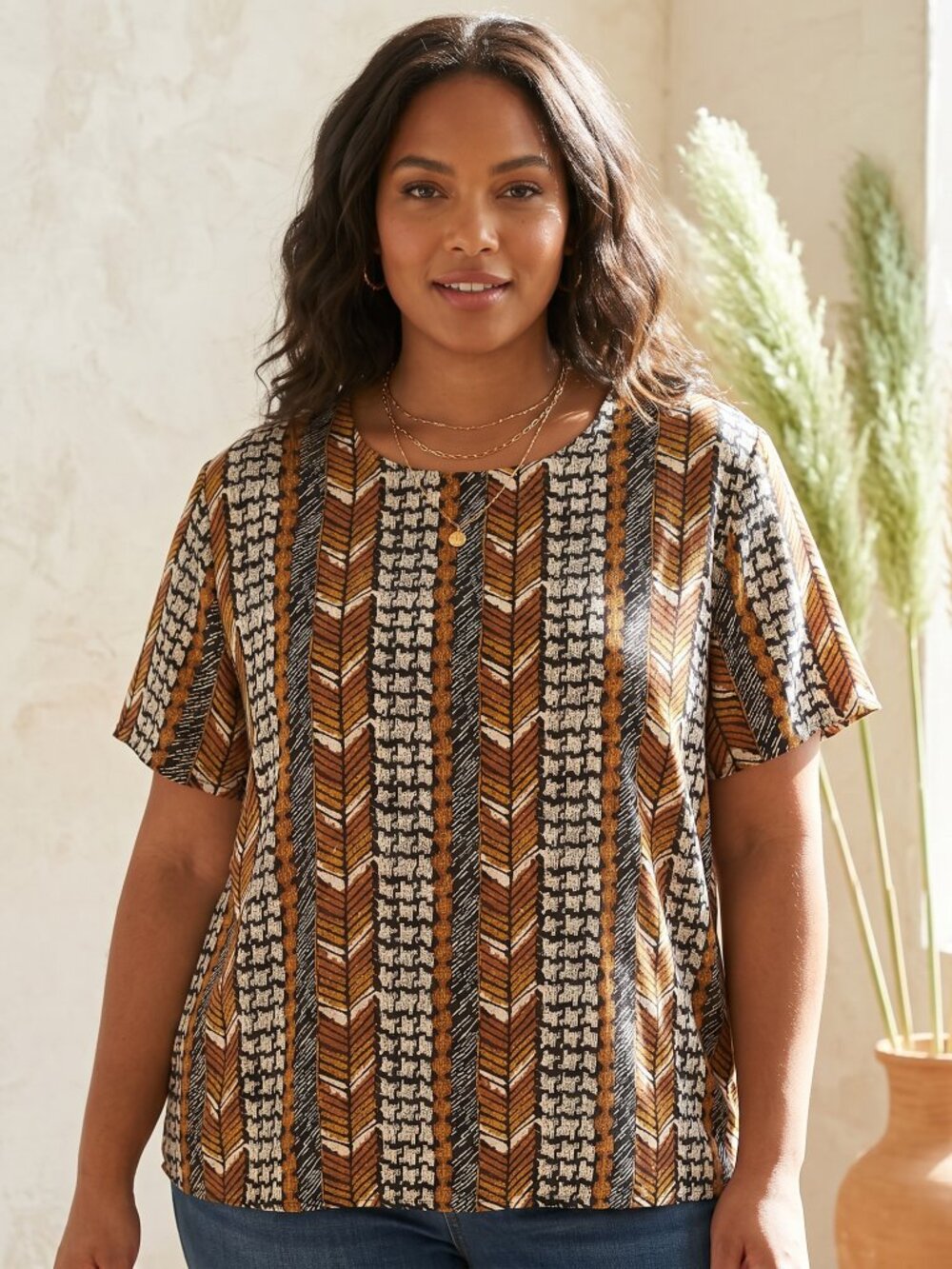 VTG 90s Southern Lady Top Abstract Chevron Tribal Blouse SZ 24W Black Brown Boho